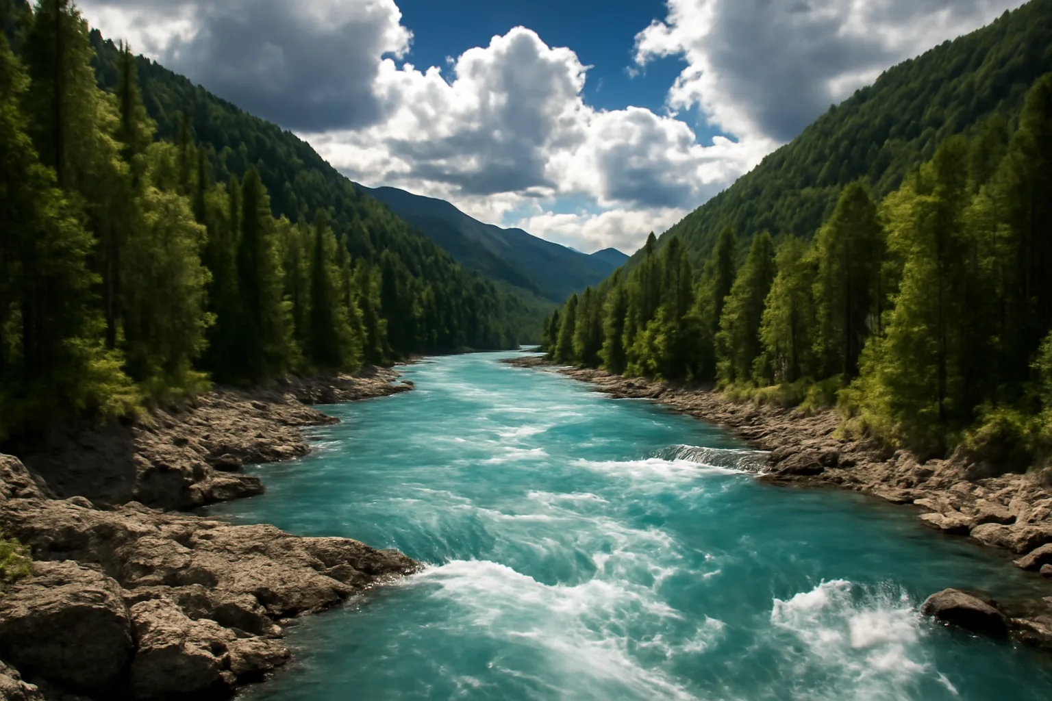 Riviere Katoun aux eaux turquoise dans la vallee de l'Altai