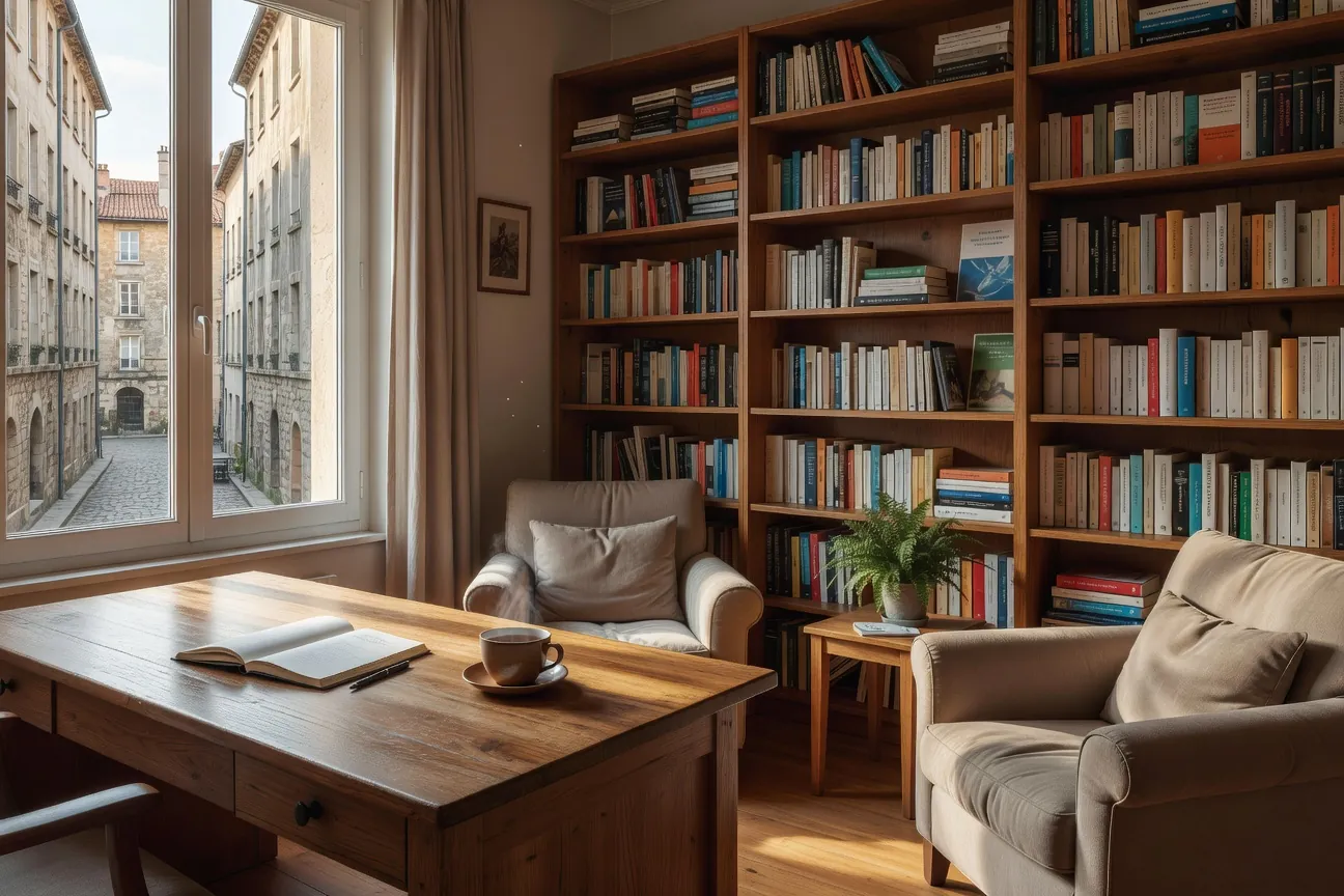 Cabinet de psychologie a Lyon, ambiance editoriale, livres et bureau