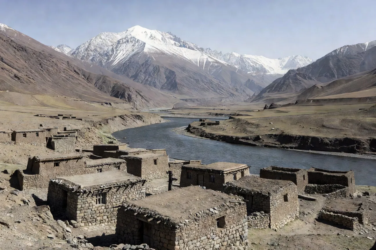 Vallee du Wakhan au Tadjikistan, frontiere afghane avec villages pamiris et fleuve Panj
