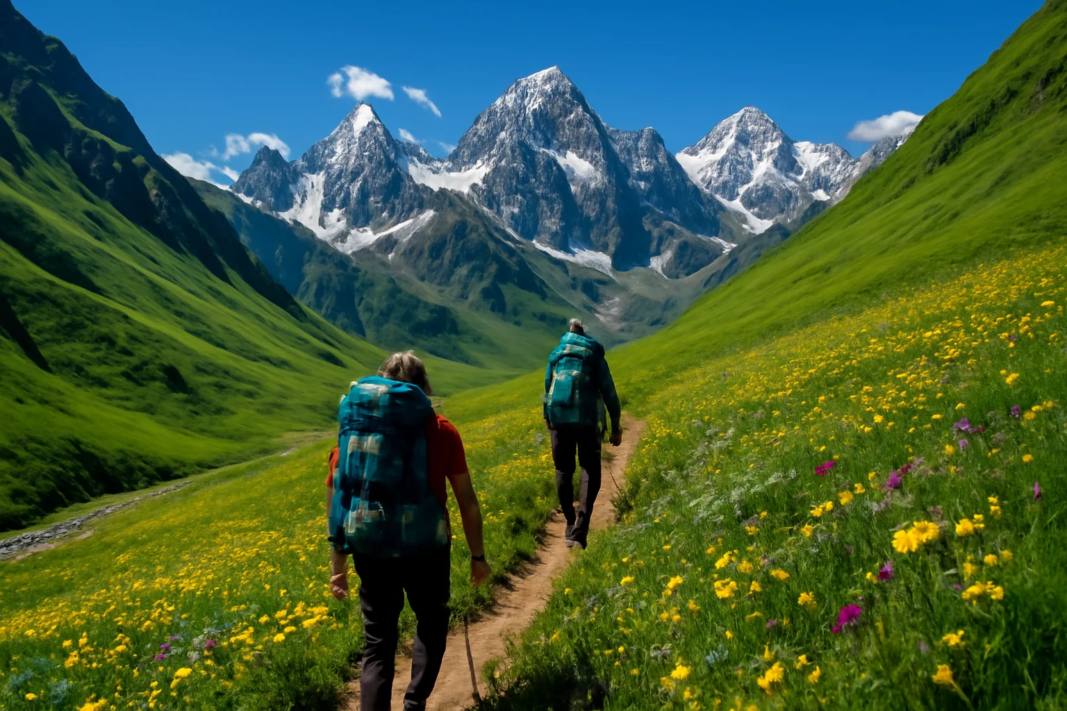 Randonneurs sur un sentier de montagne au Kirghizstan