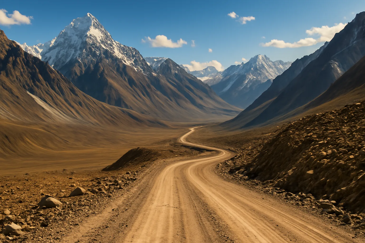 Route du Pamir au Tadjikistan avec montagnes enneigees