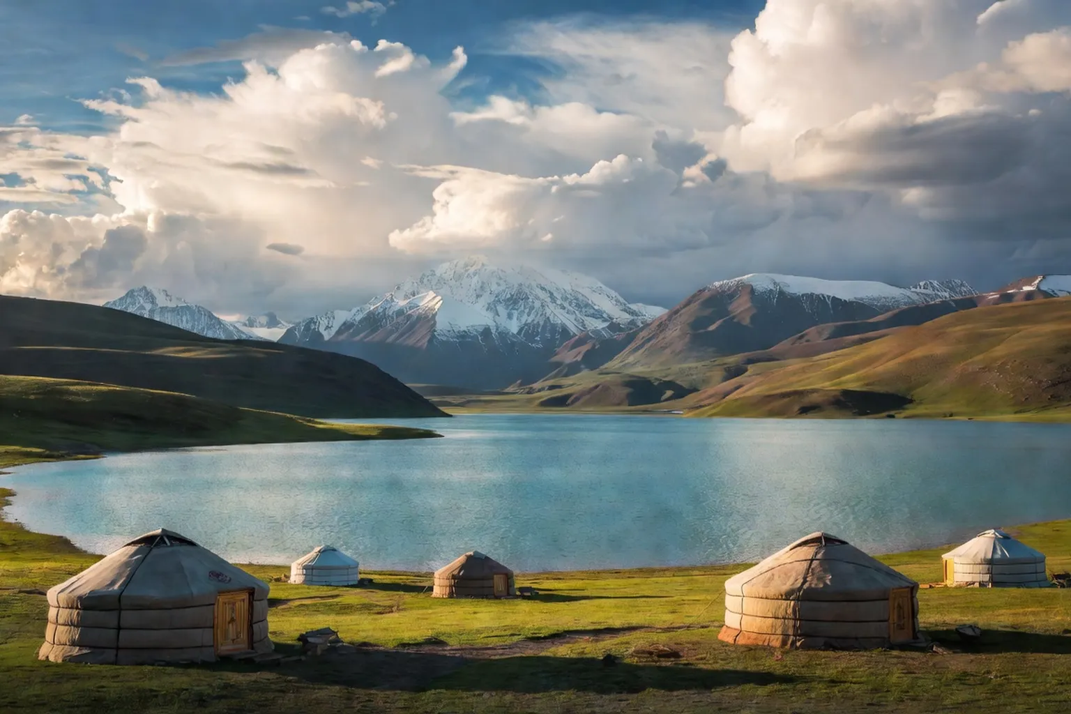 Lac Song-Kol au Kirghizistan avec yourtes nomades en ete